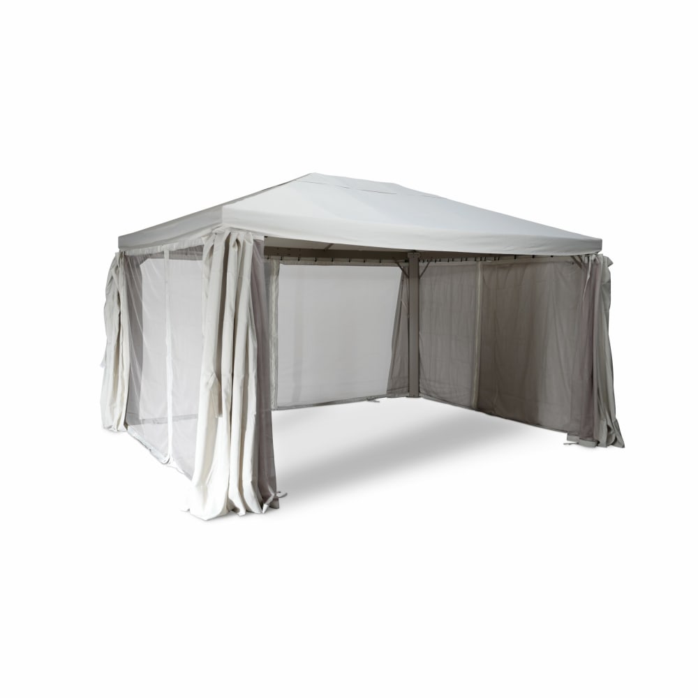 Pergola 300×400 cm avec rideaux beiges et moustiquaires