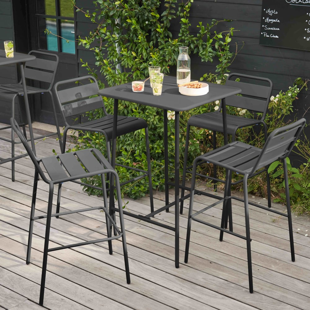 Ensemble table de bar et 4 chaises hautes en métal anthracite