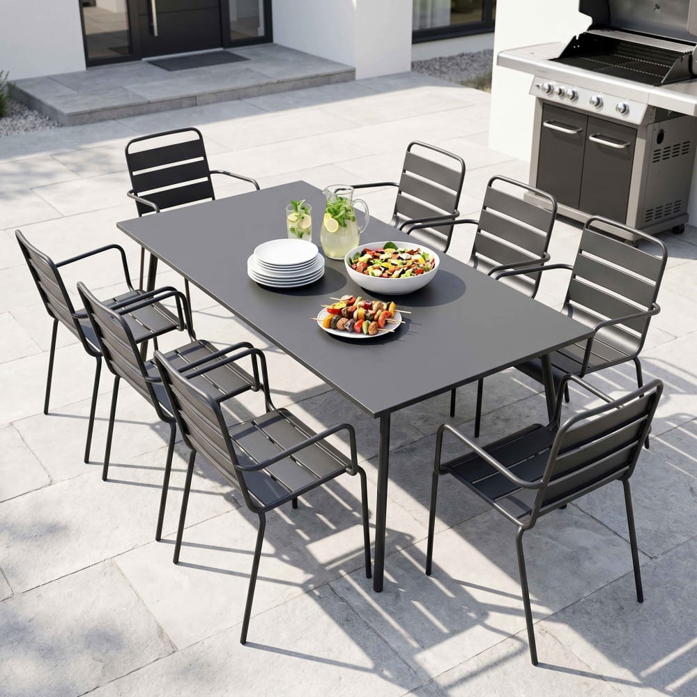 Ensemble table de jardin et 8 fauteuils en métal gris - Maisons du Monde