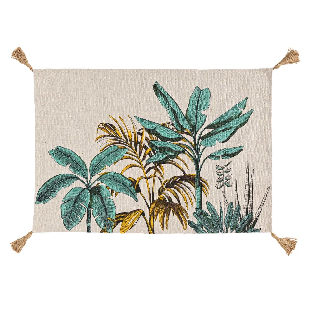 Tapis imprimé feuillages exotiques à pompons coton multicolore 90x60cm
