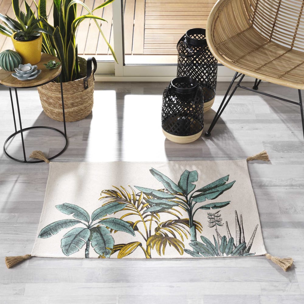 Tapis imprimé feuillages exotiques à pompons coton multicolore 90x60cm - Maisons du Monde