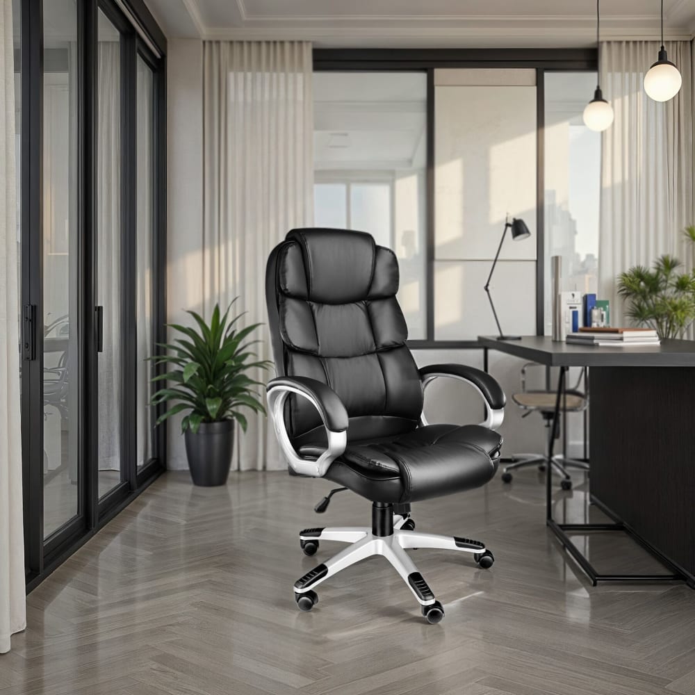 Fauteuil de direction rotatif 360° en polyuétane avec accoudoirs noir