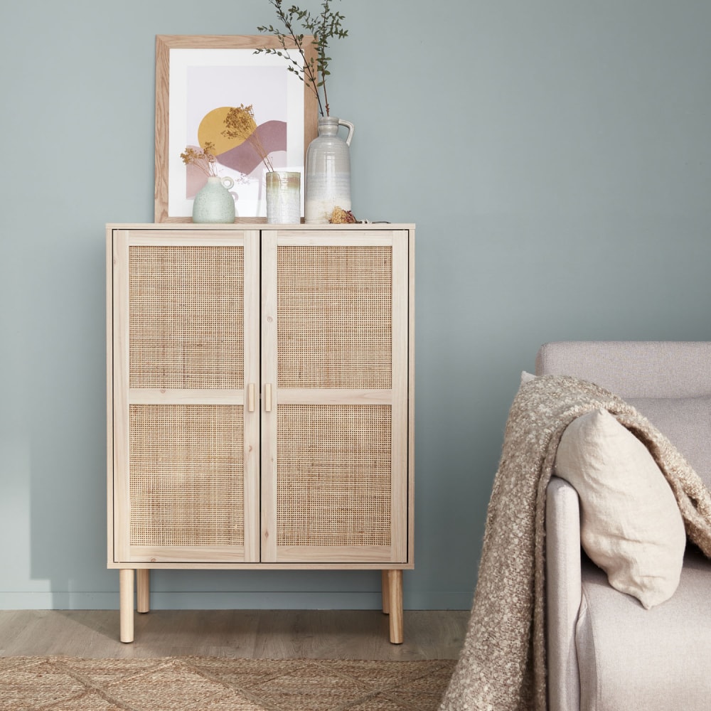 sweeek Aufbewahrungsschrank, Holzoptik und Rohrgeflecht B 80 cm style vintage Beige Spanplatte