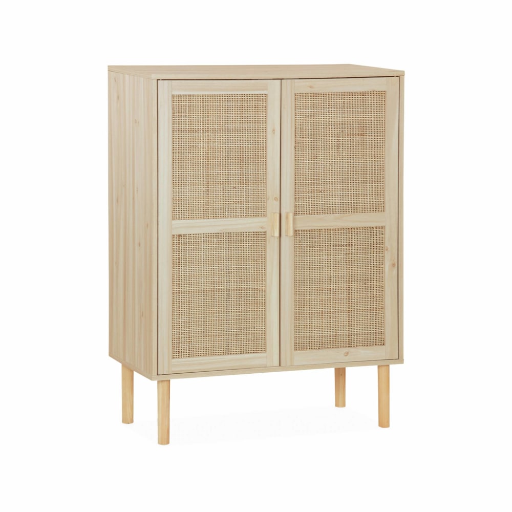 Credenza effetto canna e legno a 2 ante, 80cm, marrone naturale -