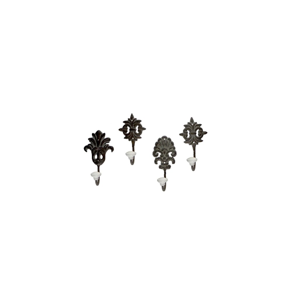 Patères murales à l'ancienne en métal et céramique ornement - Lot de 4