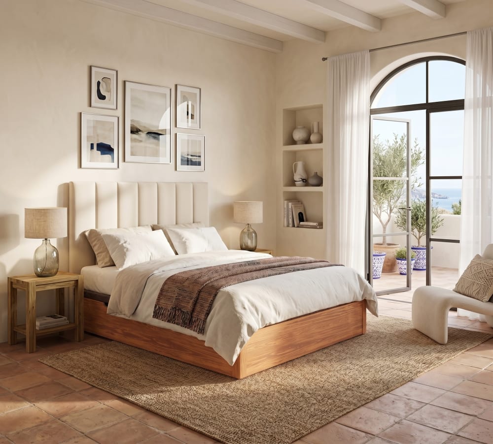 Cabecero tapizado de líneas verticales beige, cama 160 cm, 170x120 cm - Maisons du Monde