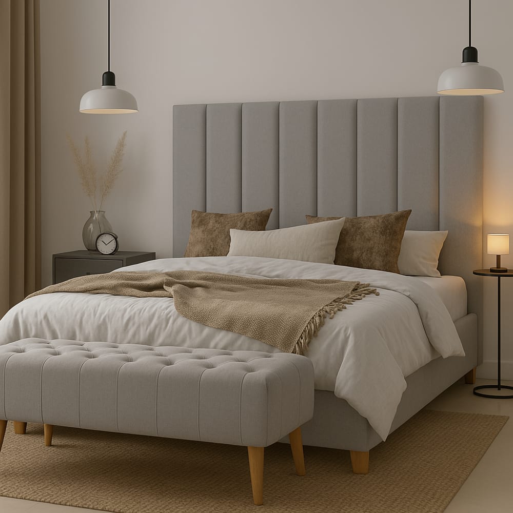 Cabecero tapizado de líneas verticales gris, cama 200 cm, 210x120 cm - Maisons du Monde