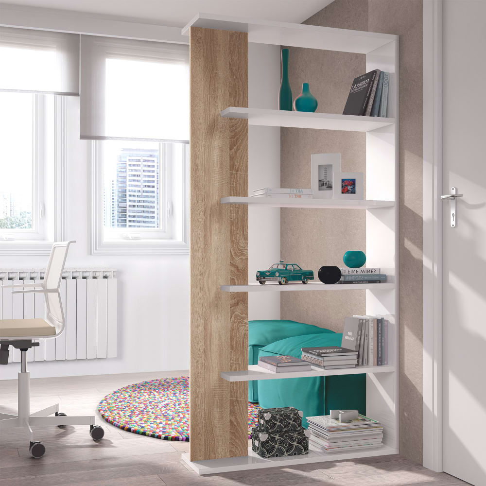 Étagère bibliothèque 5 Étagères,  blanc/chêne, pour salle à manger