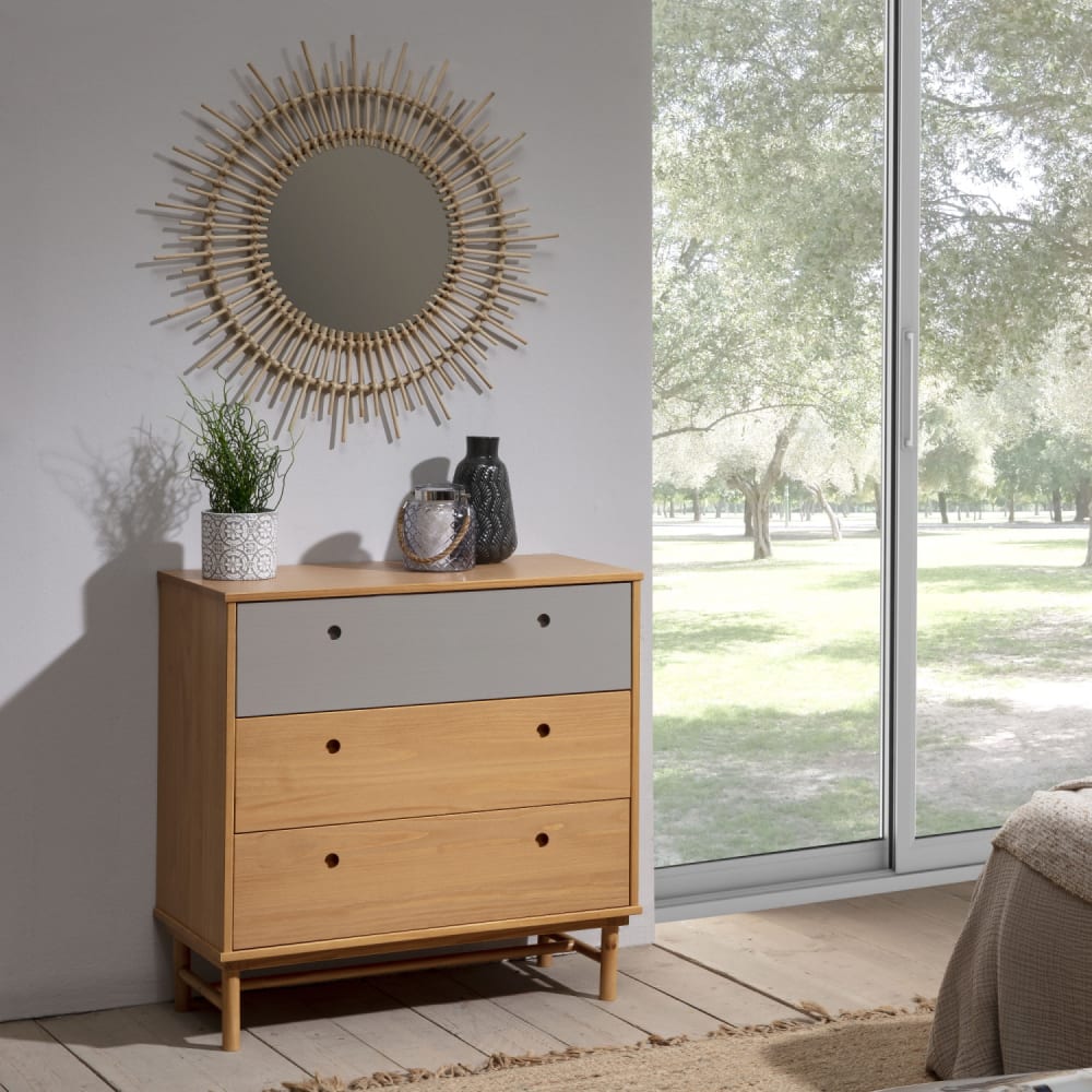 Commode de nuit 3 tiroirs , bois massif , 80 cm longueur