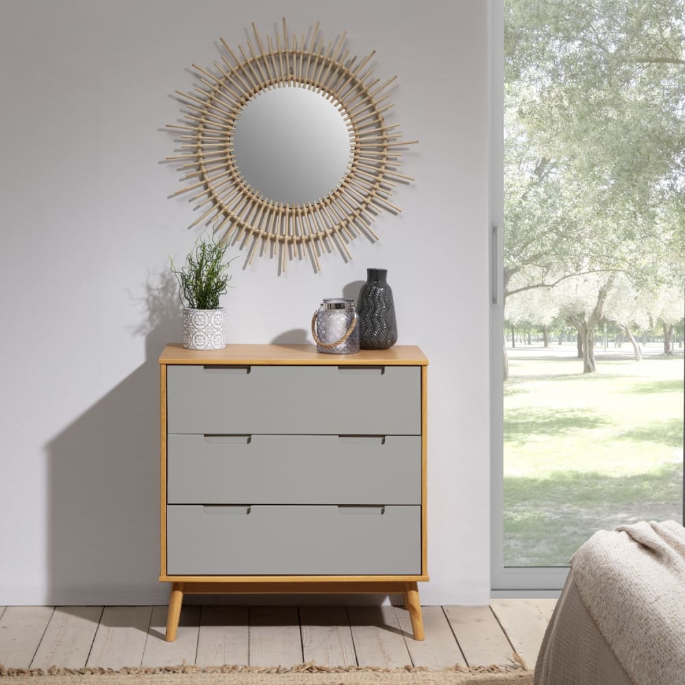 Commode de nuit avec 3 tiroirs, bois massif, 80 cm longueur