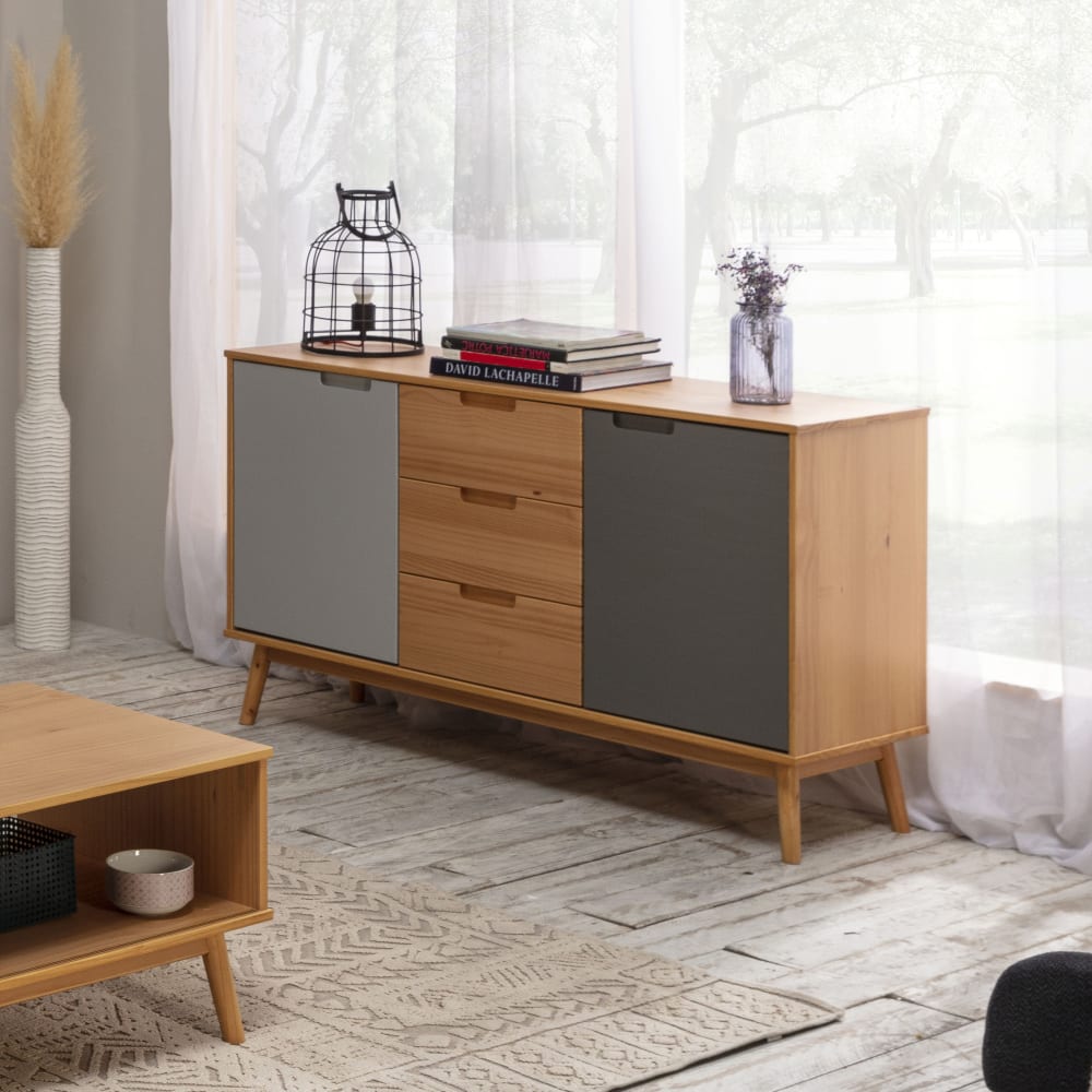 Aparador 3 cajones y 2 puertas, madera maciza, 140 cm largo - Maisons du Monde