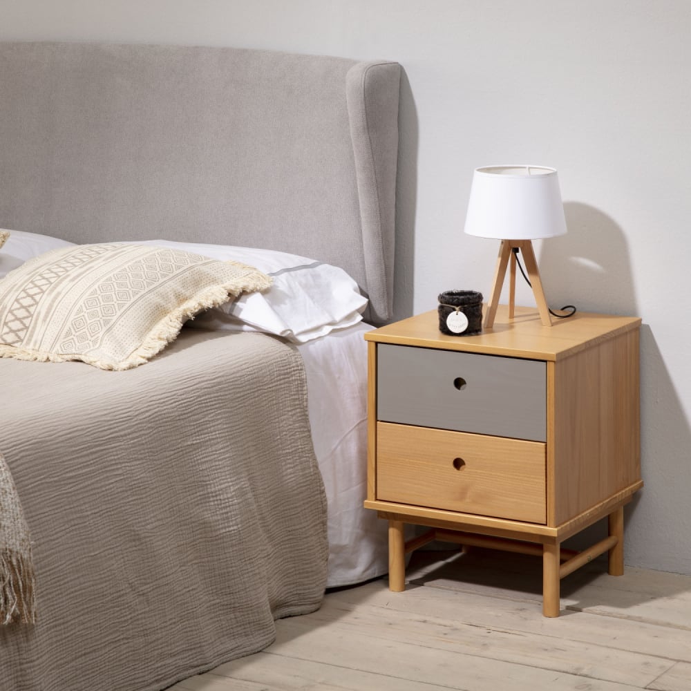 Table de chevet 2 tiroirs couleur bois et gris, bois massif