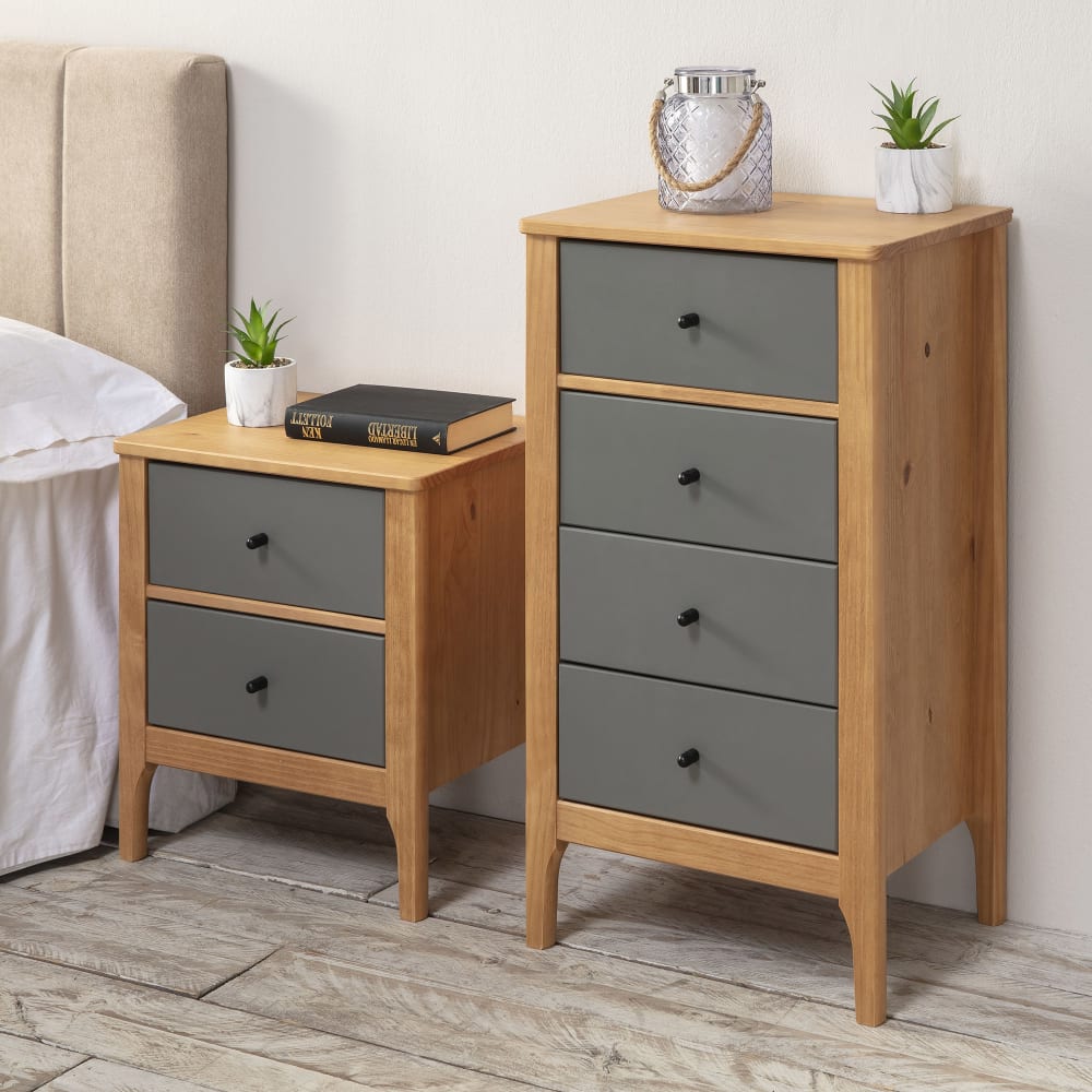 Table de chevet 2 tiroirs couleur bois et gris, bois massif