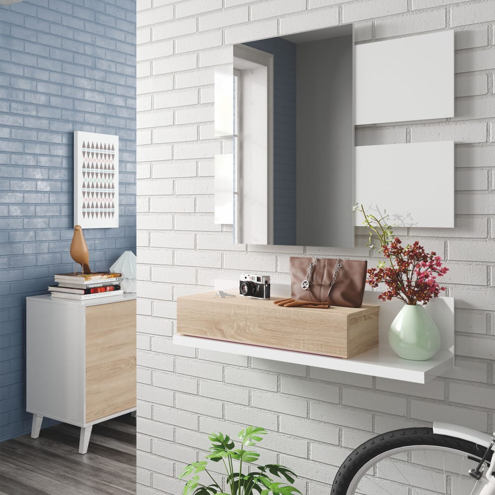 Meuble d'entrée avec 1 tiroir et miroir blanc/chêne, 75 cm largeur
