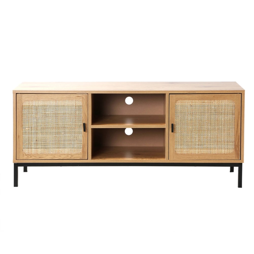 Tv-MöBel Mit 2 TüRen, Rattangeflecht Und 2 Ablagen - L120Cm-image