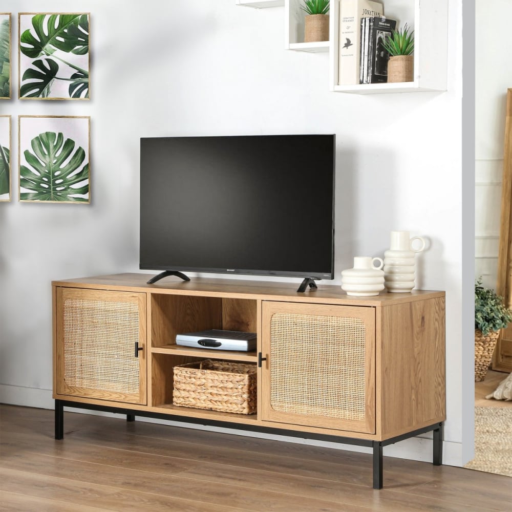 Meuble TV 2 Portes avec Cannage Rotin et 2 Niches - L120cm