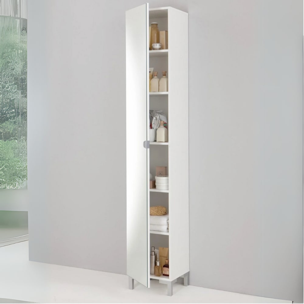 Colonne de Rangement avec Porte Miroir et 5 Étagères - Blanc