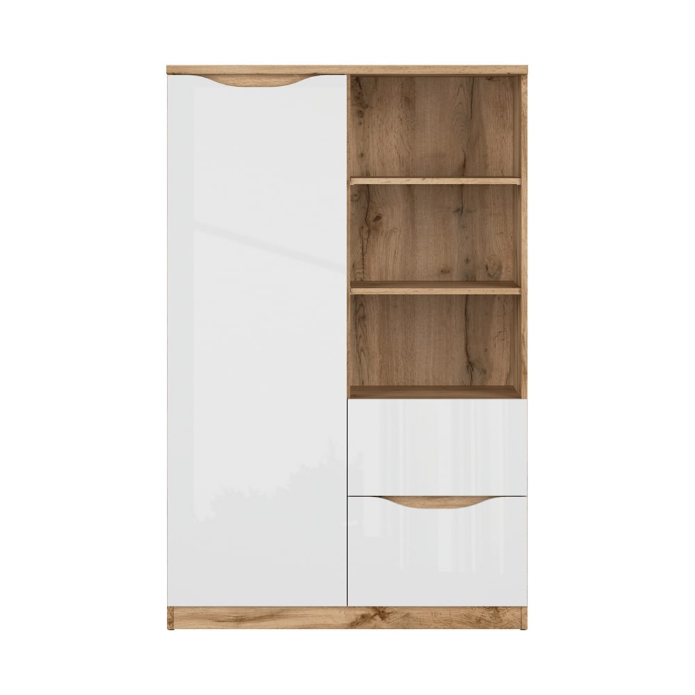 Petite armoire 1 porte 2 tiroirs stratifiés blanc et bois