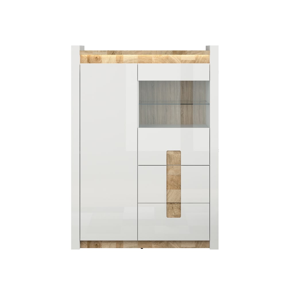 Vaisselier 2 portes 2 tiroirs avec LED stratifiés blanc et bois