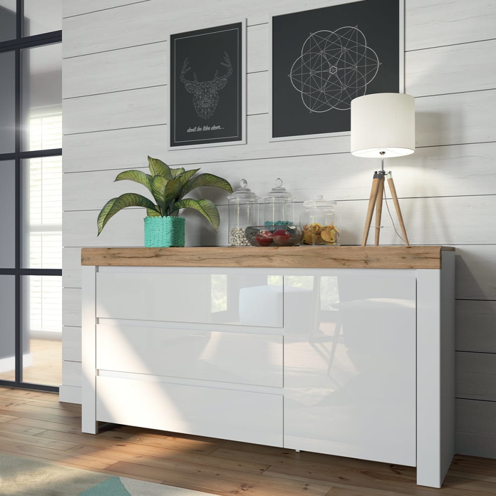 Sideboard mit 3 Schubladen 1 Tür Laminierte Spanplatten Weiß und