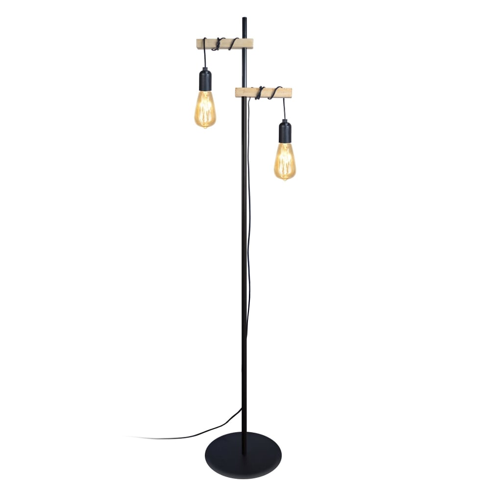 Lampadaire métal noir bois naturel abat-jour ampoule