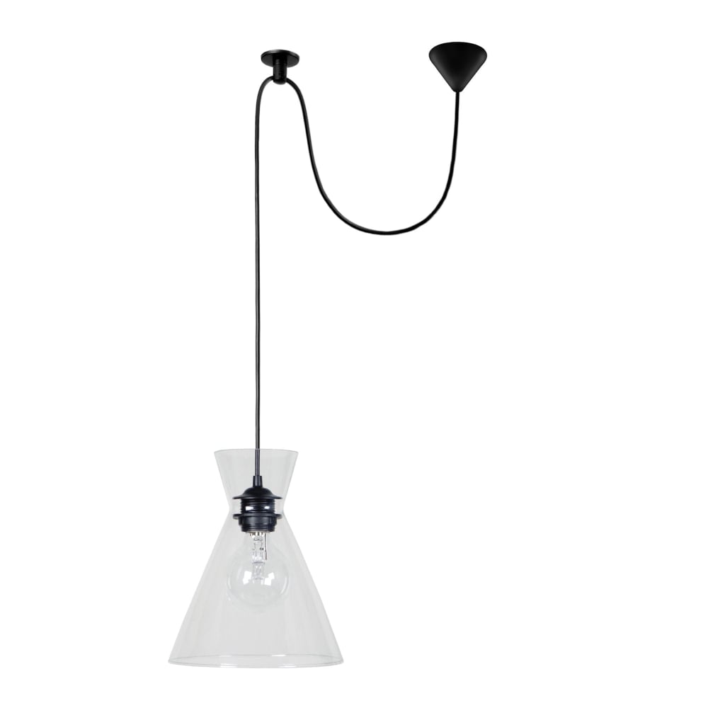 Lámpara de suspensión bicono metal negro vidrio transparente