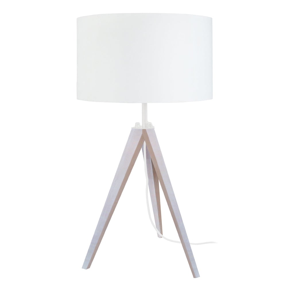 Lampe de table bois blanc abat-jour tissu blanc