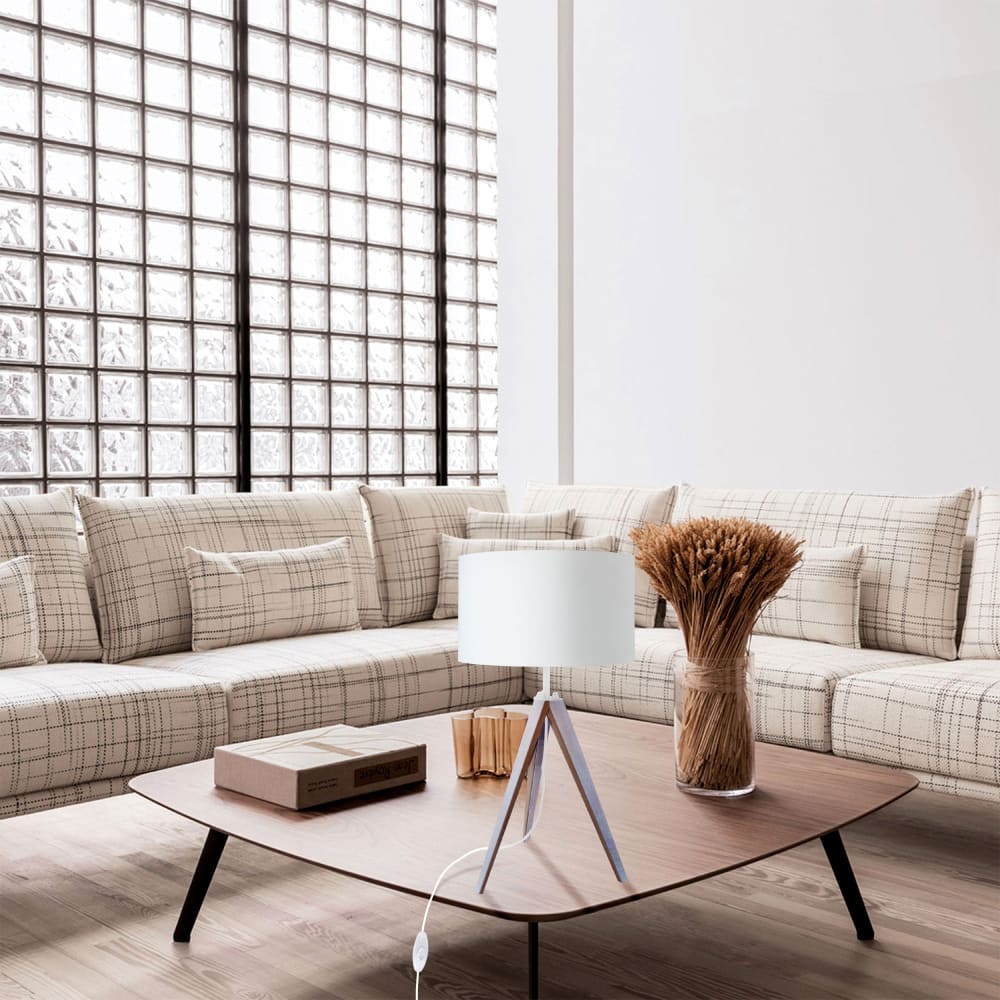 Lampe de table bois blanc abat-jour tissu blanc