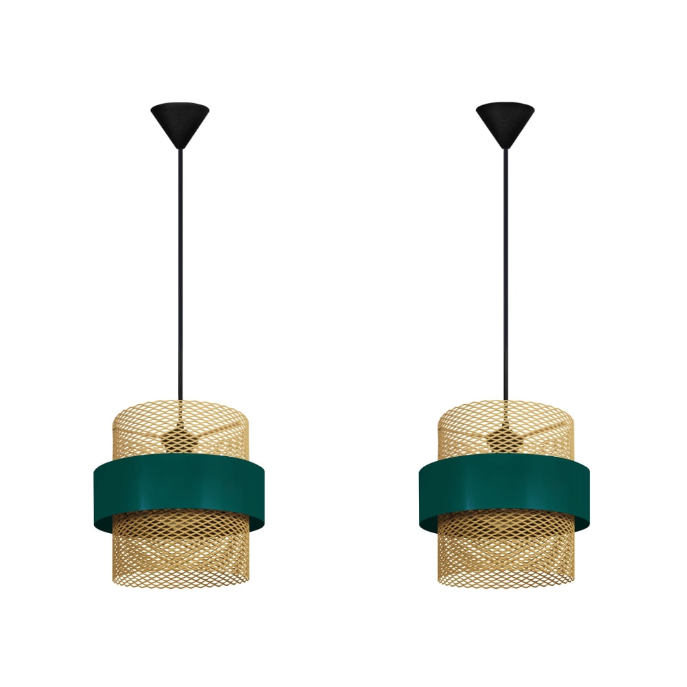 Lot 2 Suspension métal noir abat-jour vert et or Lot 2 Suspension métal noir abat-jour vert et or