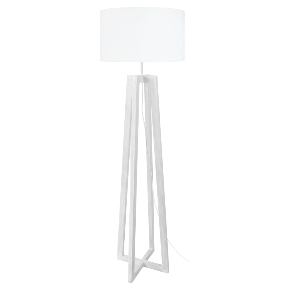 Lampadaire bois blanc et  métal abat-jour tissu blanc