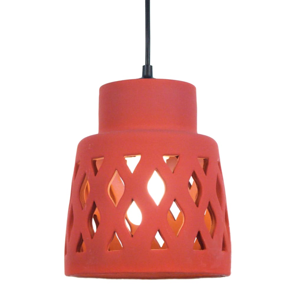 Suspension métal noir abat-jour ceramique rouge