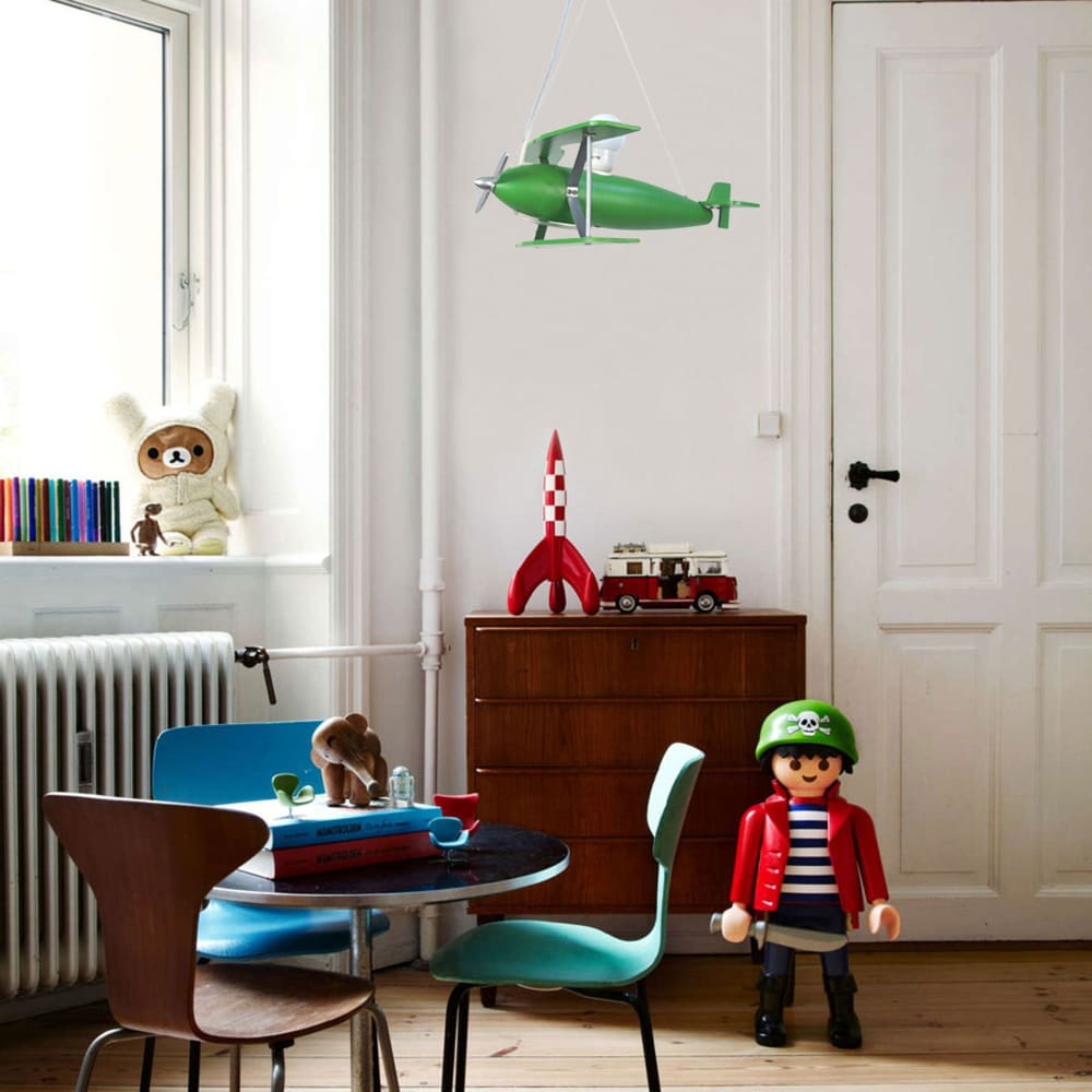 Suspension enfant  avion H74cm bois abat-jour bois vert (Tosel) - Image 2