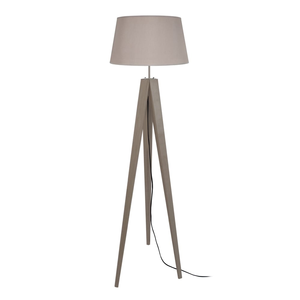 lampara de pie trepied tripode madera taupe pantalla taupe