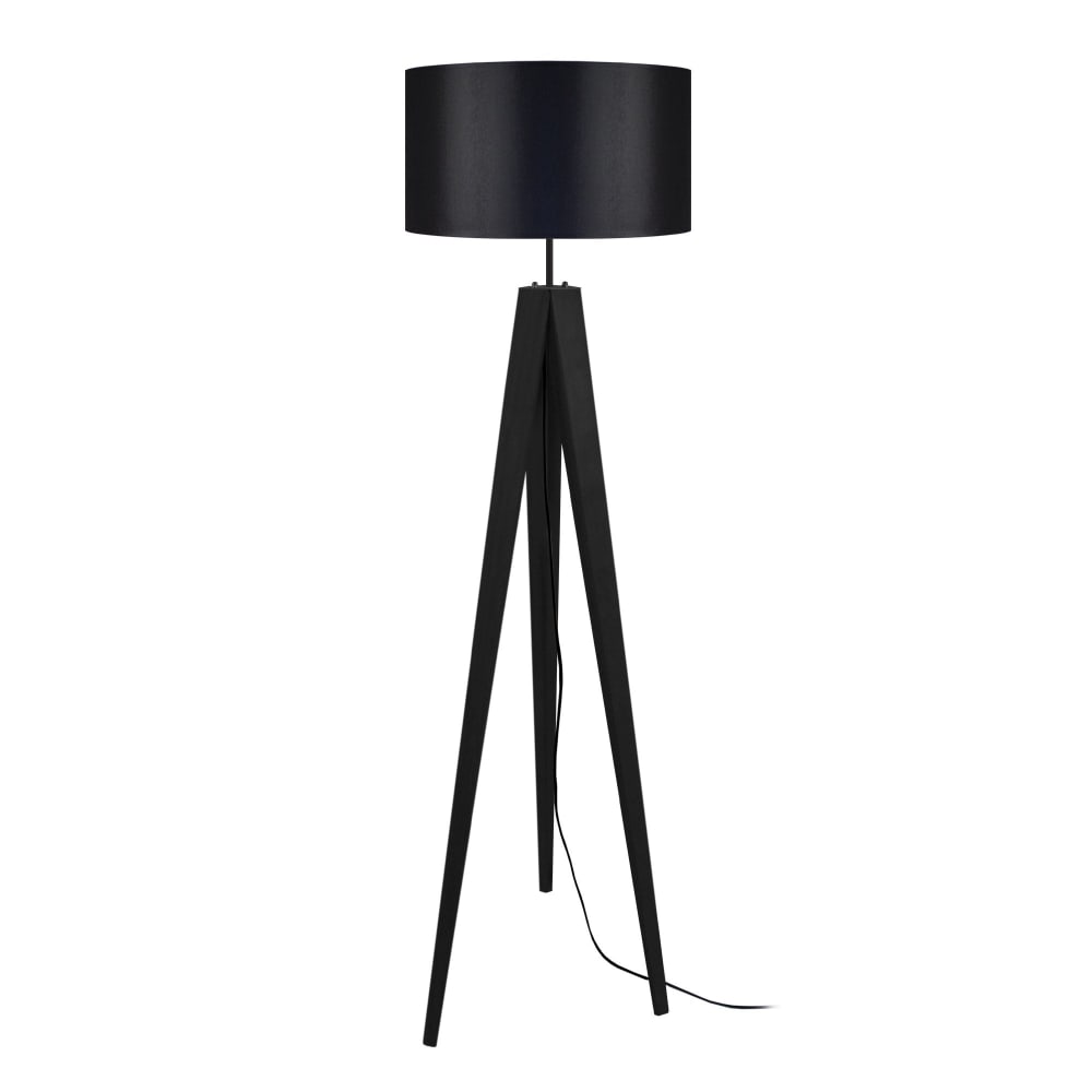 Lampadaire trepied bois noir abat-jour tissu noir