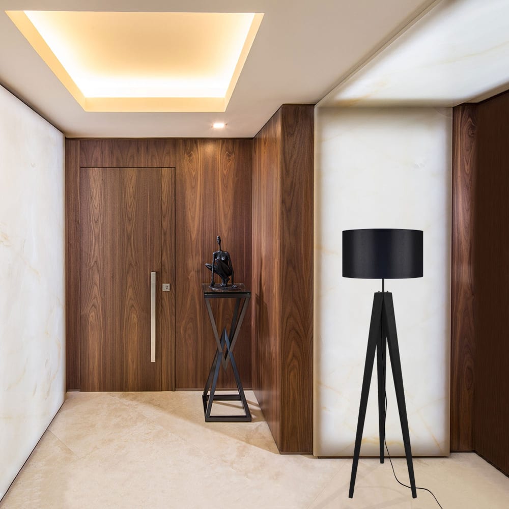 Lámpara de pie trepied trípode madera negro pantalla negro - Maisons du Monde