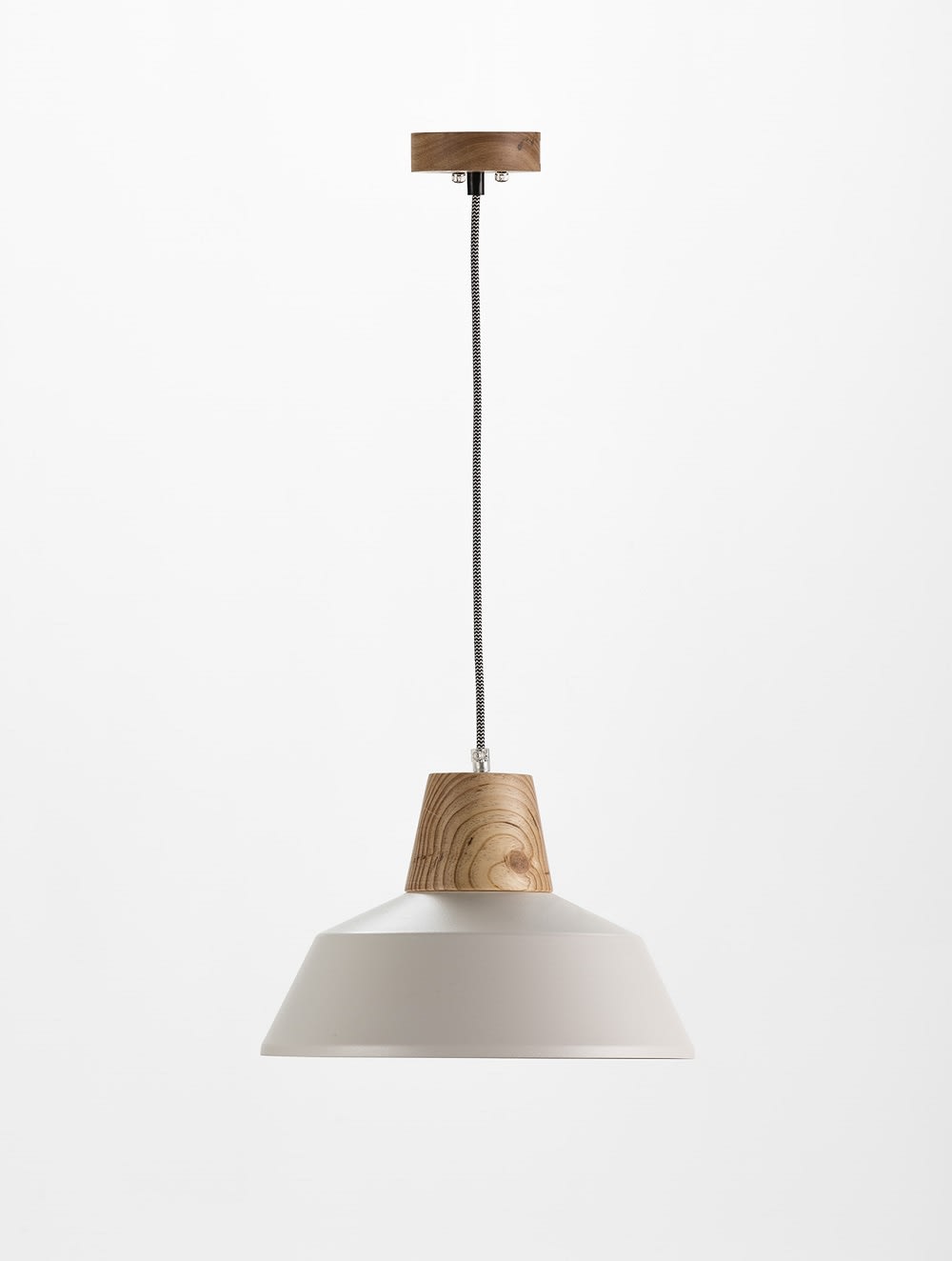 Lámpara techo metálica blanco taco madera