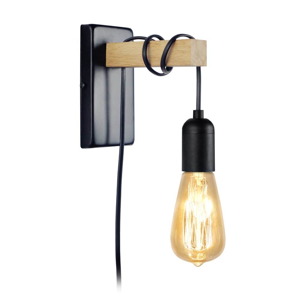 Aplique de pared metal negro brazo madera natural