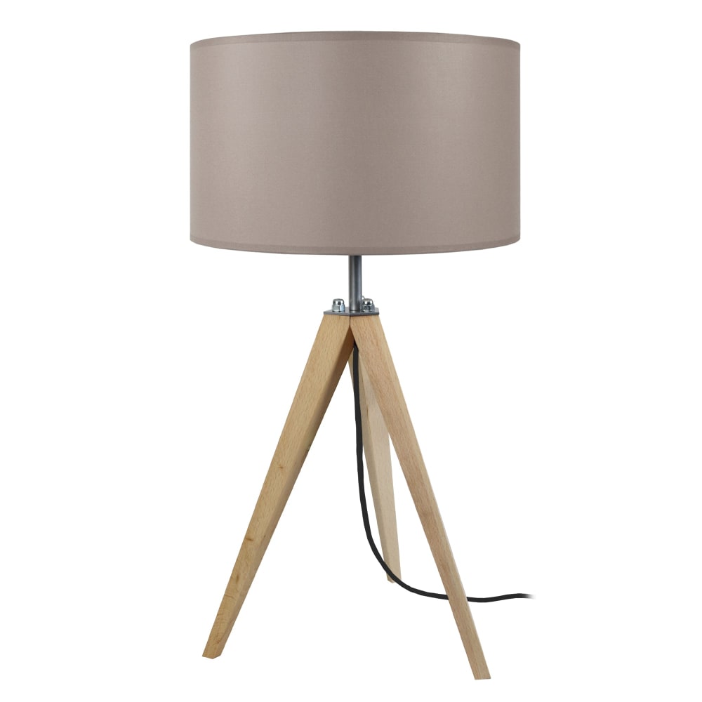Lámpara de mesa trípode madera natural metal pantalla taupe