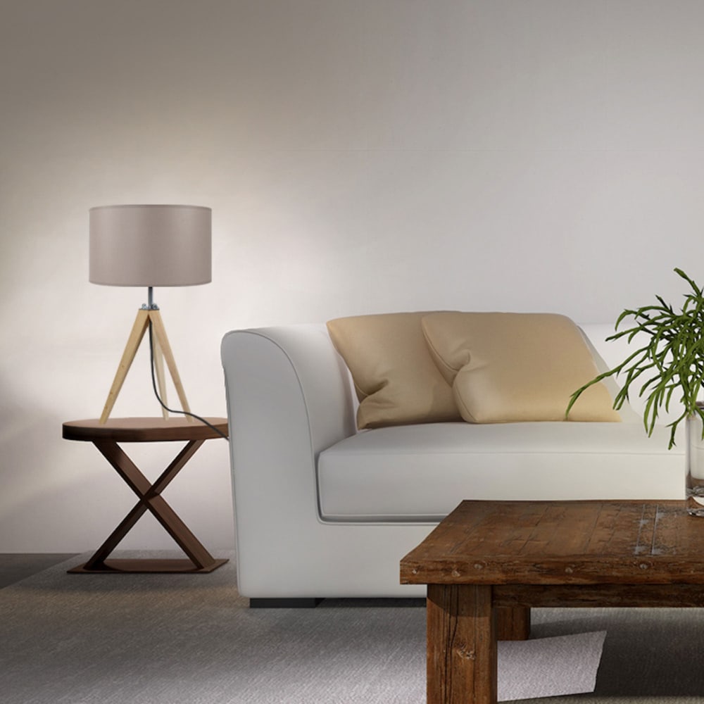 Lampe de table trépied bois naturel abat-jour tissu taupe — vue 3