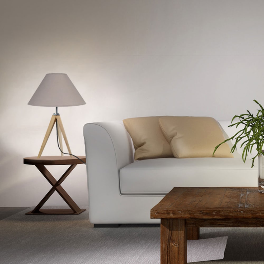 Lampe à poser métal bois naturel abat-jour taupe — vue 3