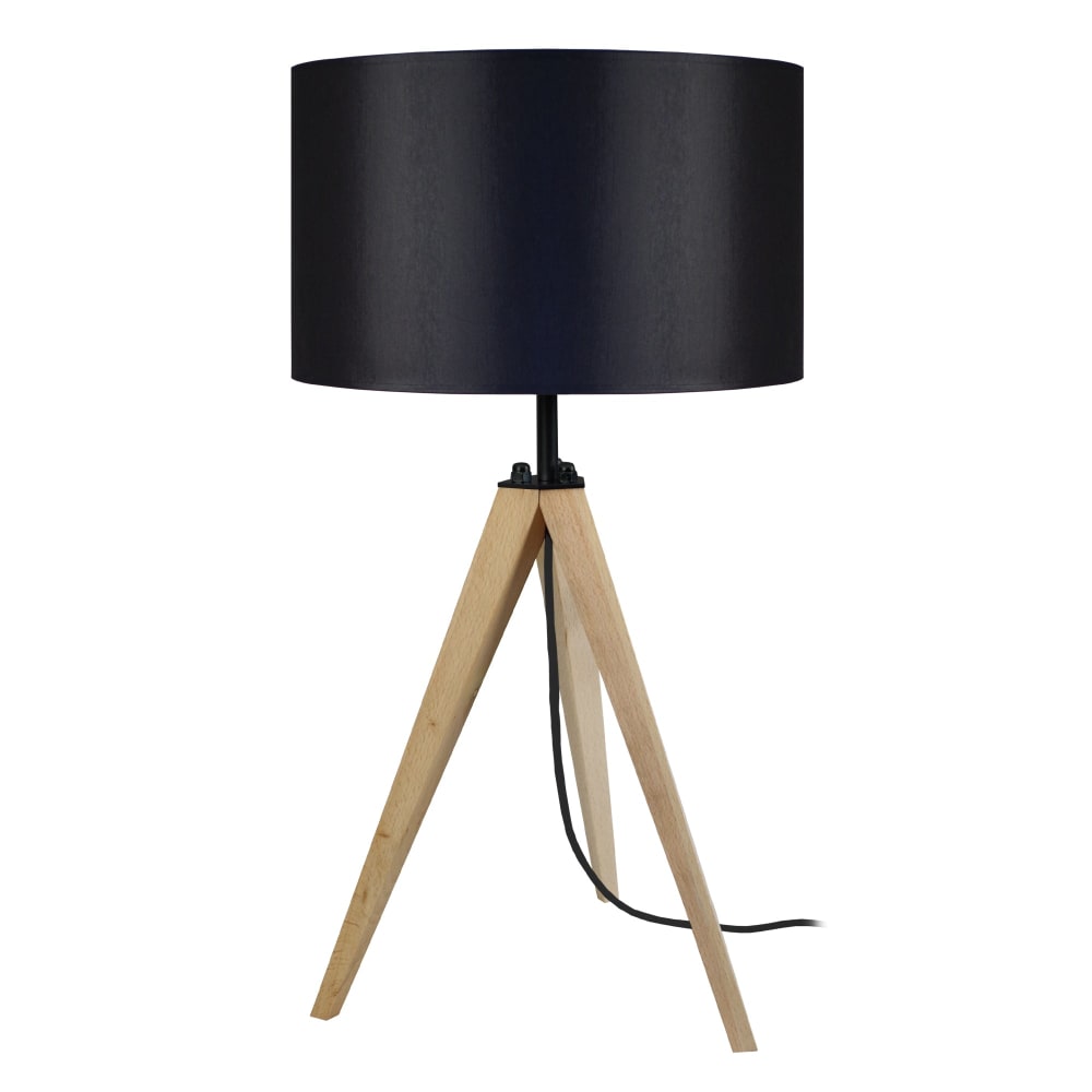 Lampe de table trépied bois naturel abat-jour tissu noir