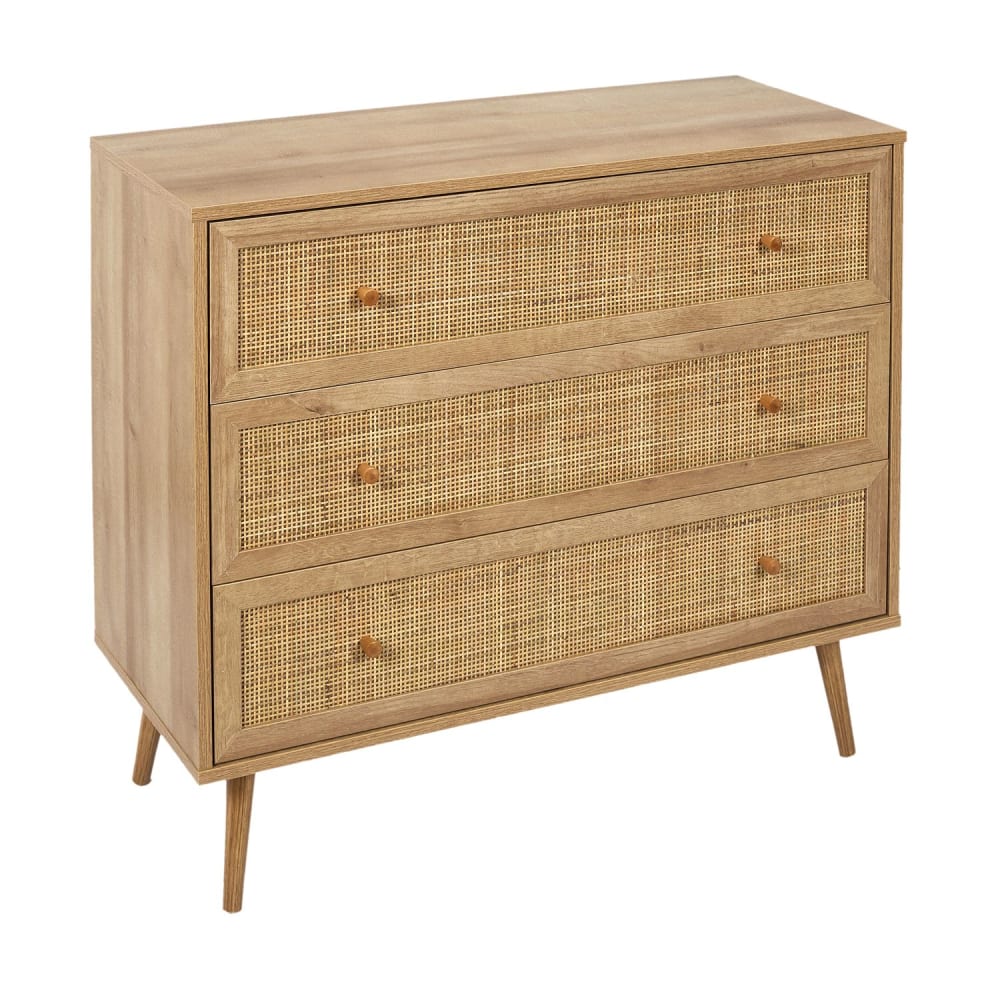 Commode 3 tiroirs en cannage et bois contreplaqué