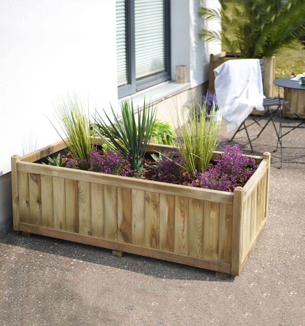Bac à fleurs rectangle en bois de pin L140cm