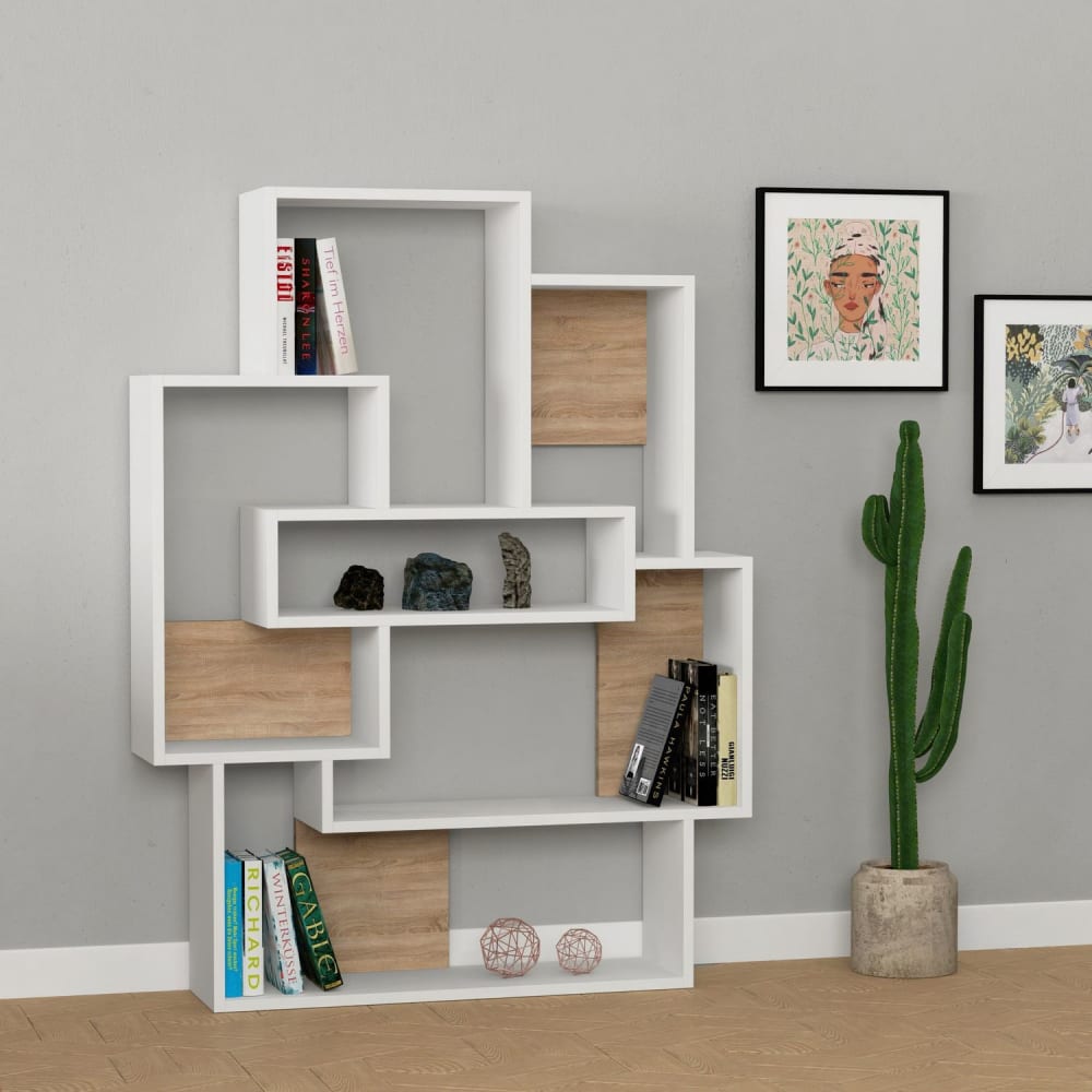 Etagère bibliothèque design effet bois L. 101 x H. 132 cm blanc