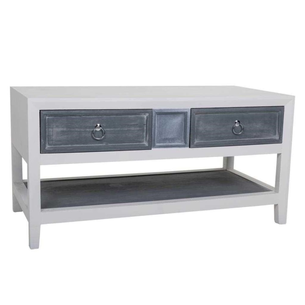Mesa auxiliar de madera de 2 cajones blanca y gris