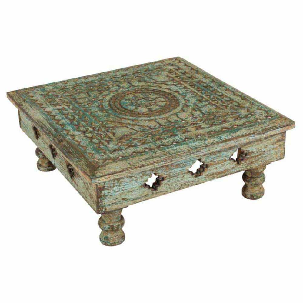 Mesa centro de madera tallada acabado artesanal verde