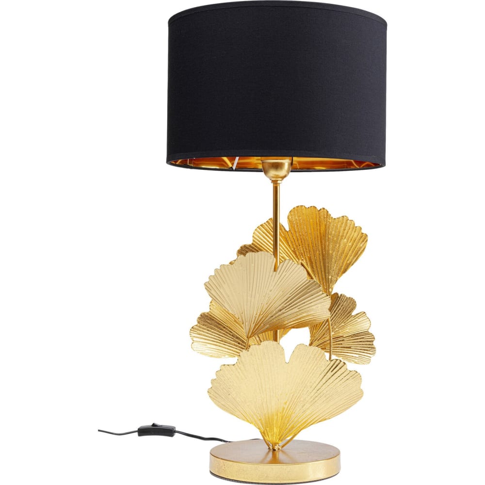 Lampe 5 feuilles de ginkgo acier doré et abat-jour coton noir