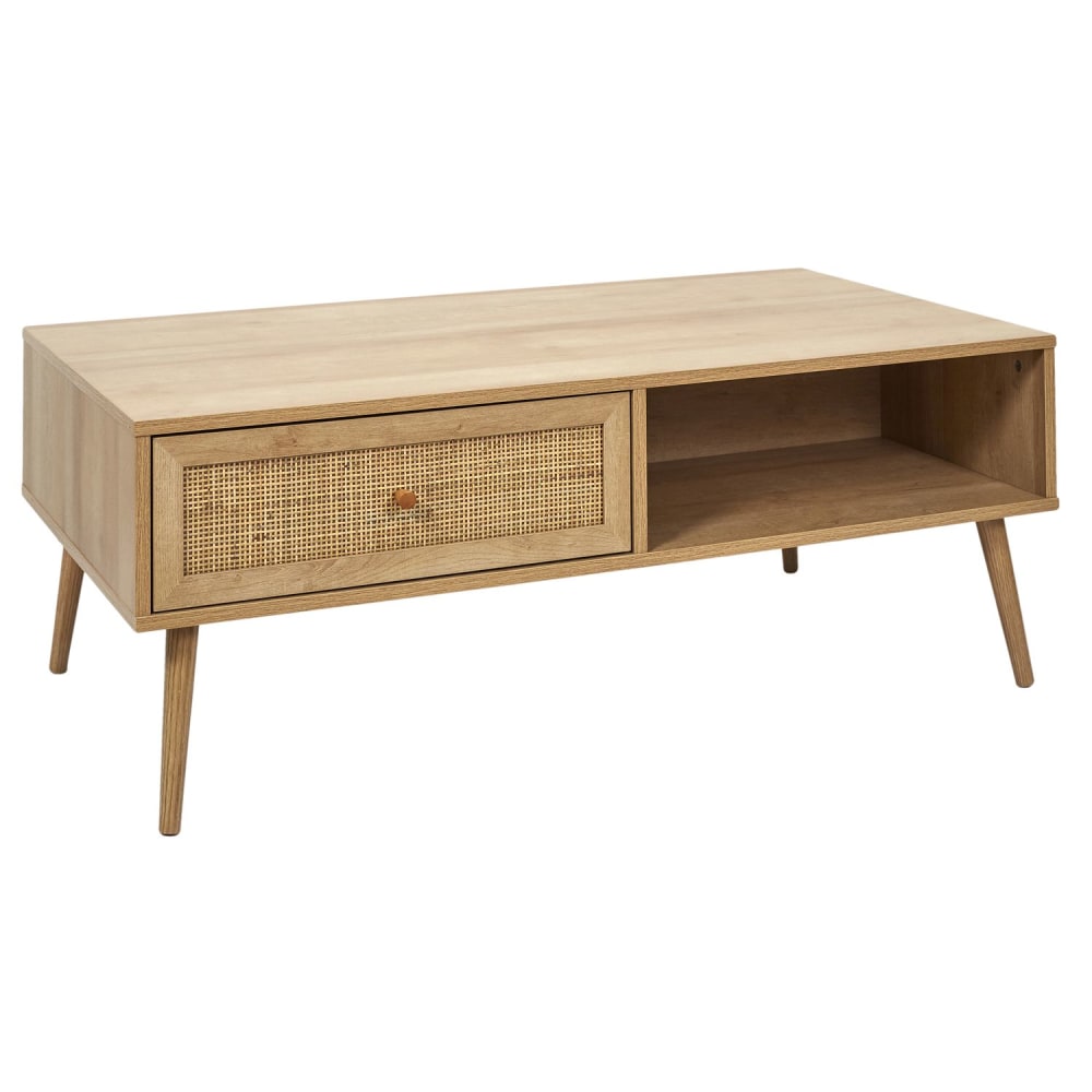 Toilinux Table basse en cannage et bois contreplaqué style campagne Marron Panneau De Particules - 110x42x59cm