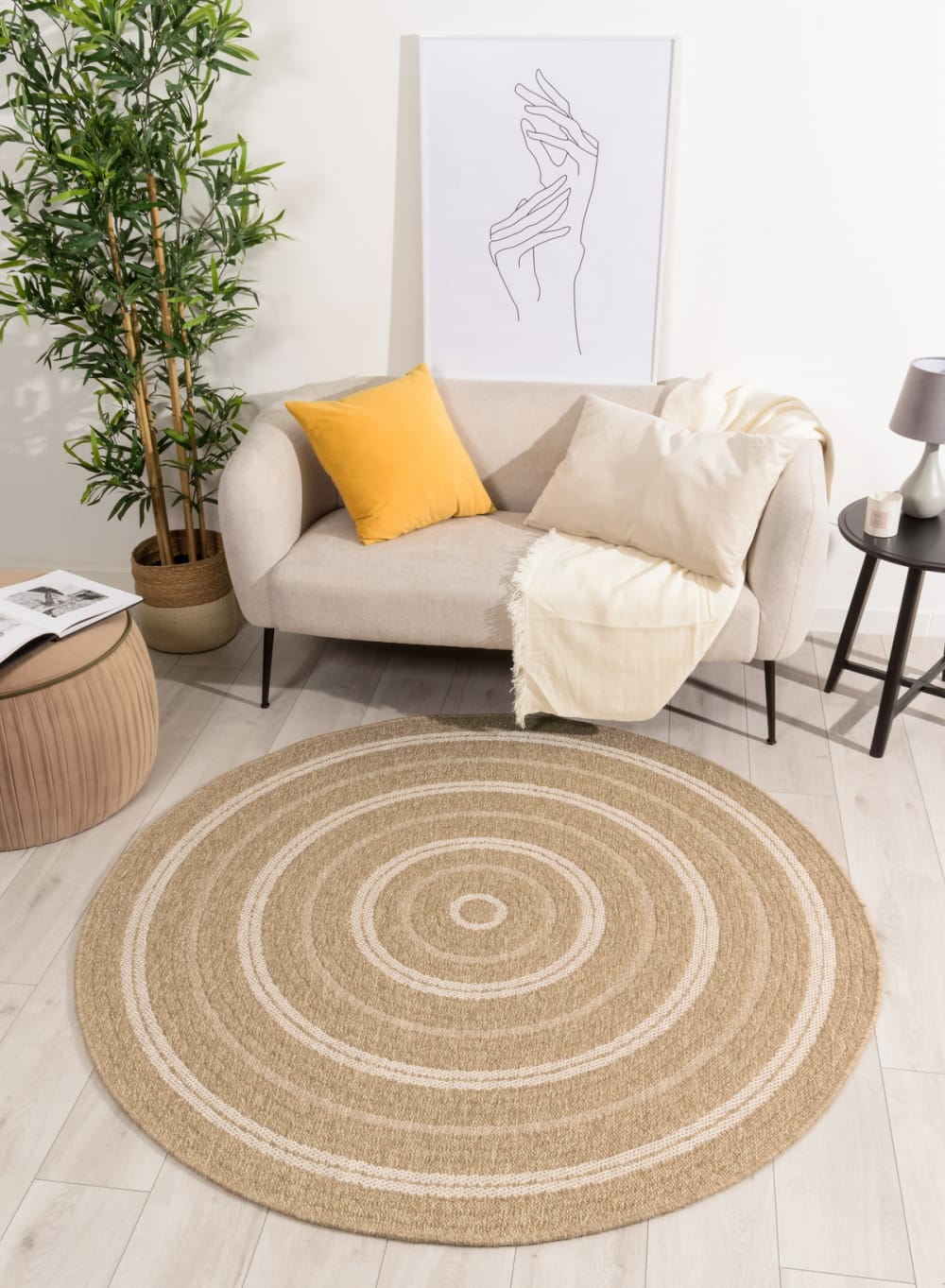 Tapis intérieur et extérieur effet jute rond blanc diamètre 120 — vue 3
