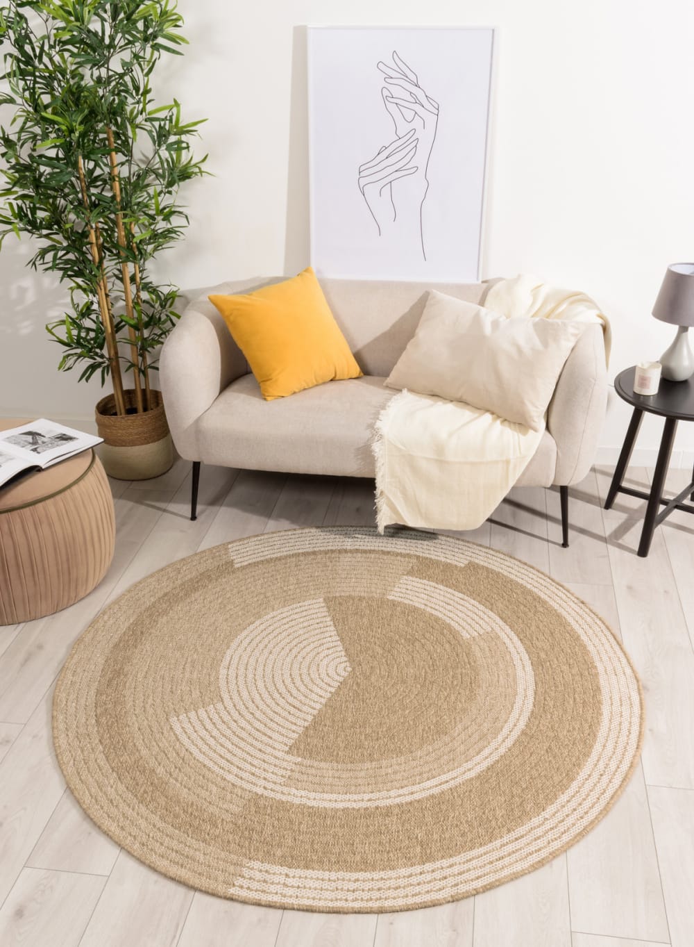 Tapis intérieur et extérieur effet jute motif blanc diamètre 120 — vue 3